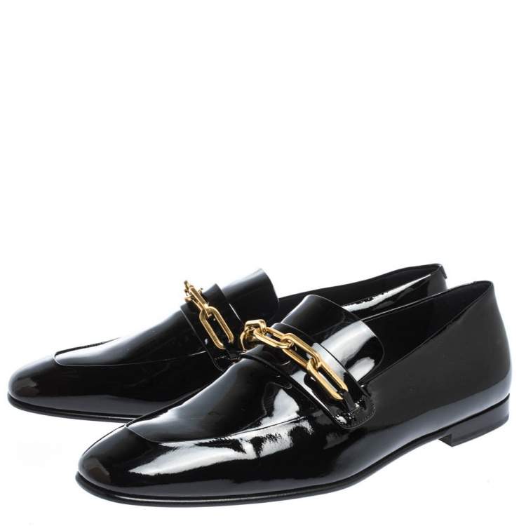 Pre Owned Burberry Black Patent Leather Chillcot Chain Detail Slip On Loafers Size 41