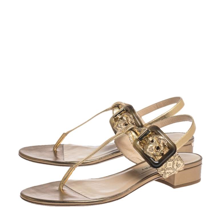 Pre Owned Burberry Gold Laser Cut Leather Ceilab Ankle Strap Thong Sandals Size 40