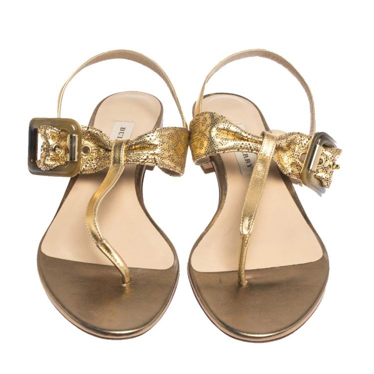 Pre Owned Burberry Gold Laser Cut Leather Ceilab Ankle Strap Thong Sandals Size 40