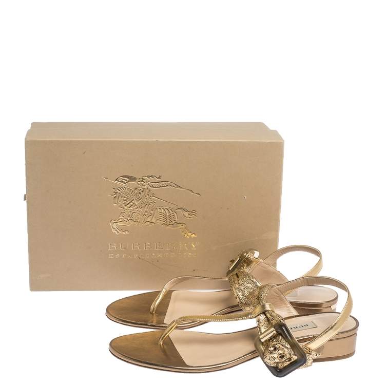 Pre Owned Burberry Gold Laser Cut Leather Ceilab Ankle Strap Thong Sandals Size 40