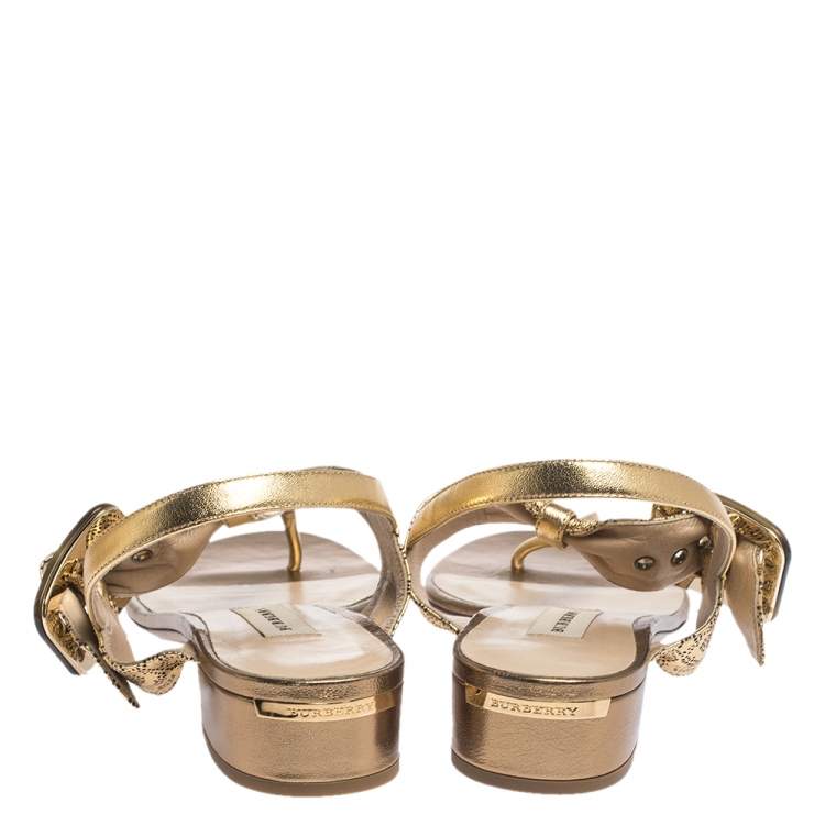 Pre Owned Burberry Gold Laser Cut Leather Ceilab Ankle Strap Thong Sandals Size 40