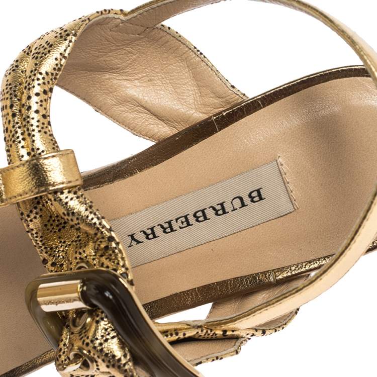 Pre Owned Burberry Gold Laser Cut Leather Ceilab Ankle Strap Thong Sandals Size 40
