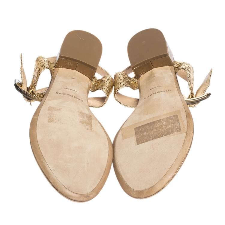 Pre Owned Burberry Gold Laser Cut Leather Ceilab Ankle Strap Thong Sandals Size 40