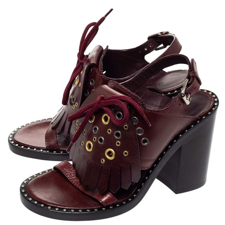 Pre Owned Burberry Burgundy Leather Beverley Fringe Slingback Sandals Size 36