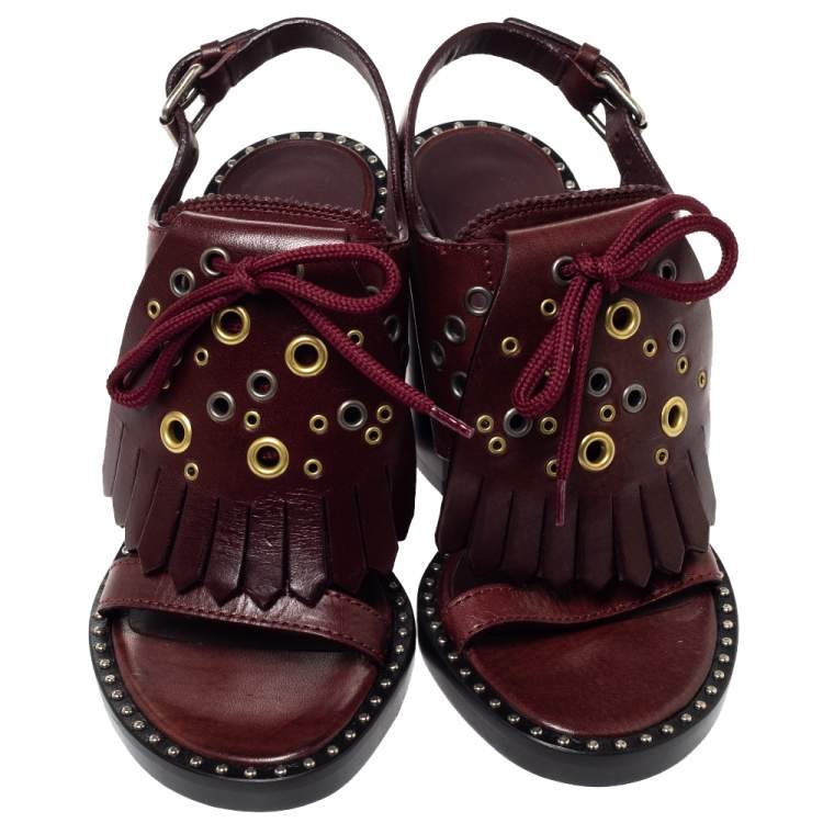 Pre Owned Burberry Burgundy Leather Beverley Fringe Slingback Sandals Size 36