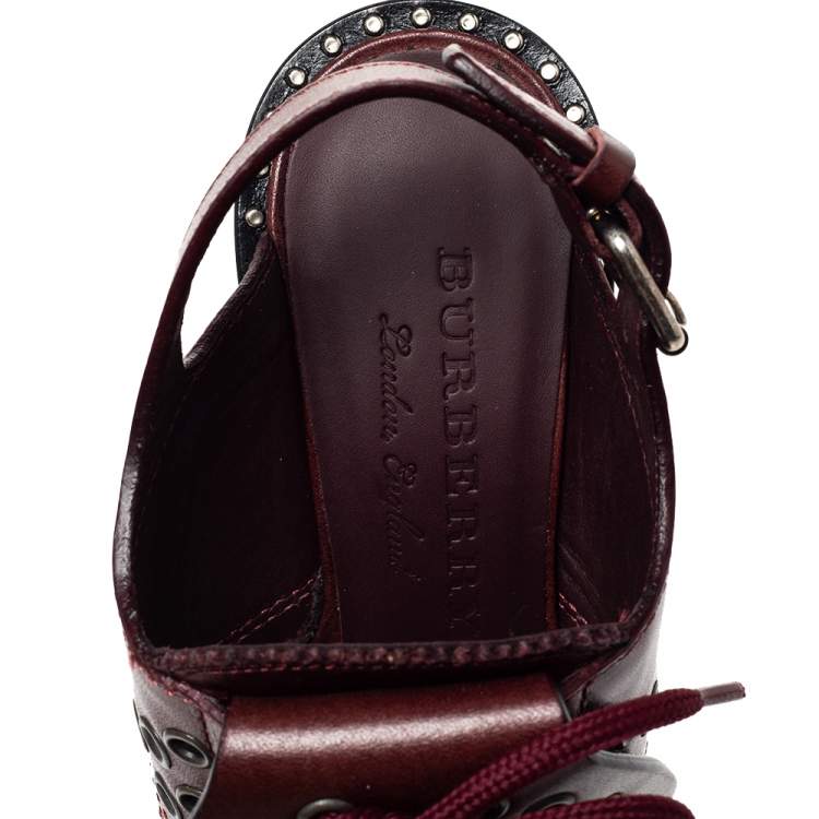 Pre Owned Burberry Burgundy Leather Beverley Fringe Slingback Sandals Size 36