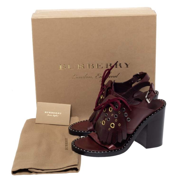 Pre Owned Burberry Burgundy Leather Beverley Fringe Slingback Sandals Size 36