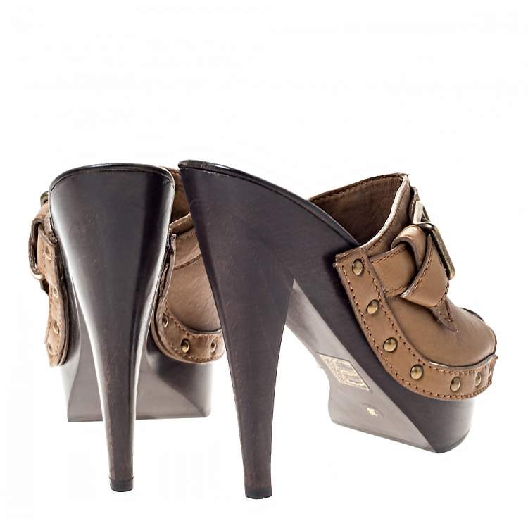 Pre Owned Burberry Brown Leather Buckle Detail Platform Open Toe Sandals Size 38