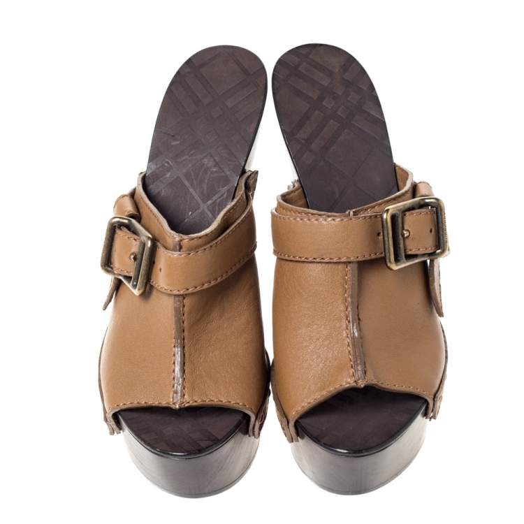 Pre Owned Burberry Brown Leather Buckle Detail Platform Open Toe Sandals Size 38