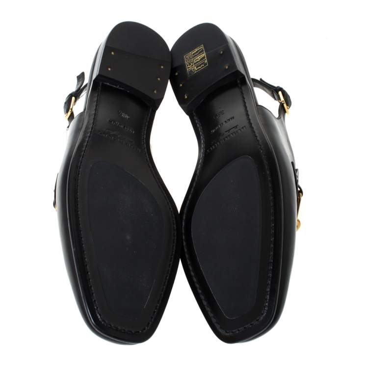 Pre Owned Burberry Black Leather Chel Town Chain Detail Slingback Loafer Sandals Size 38.5