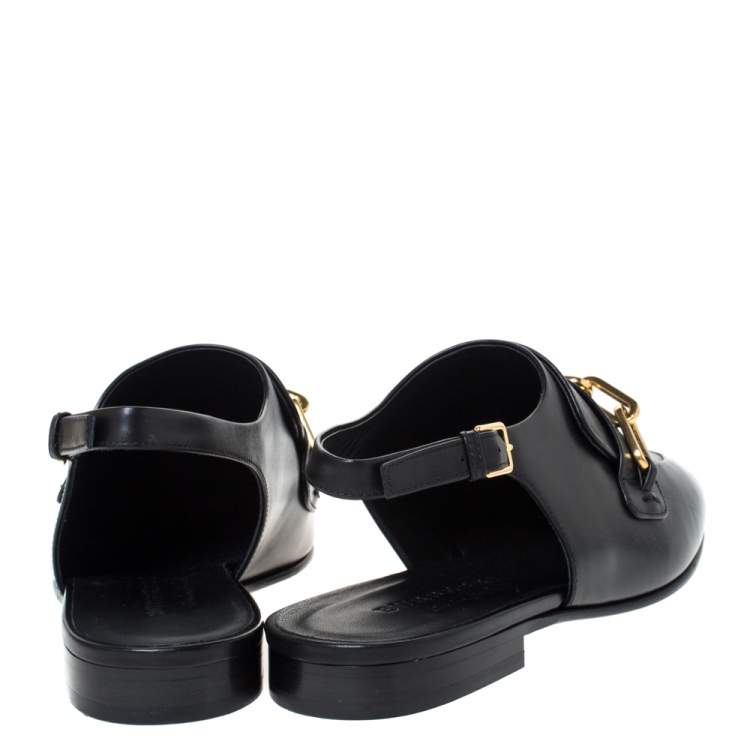 Pre Owned Burberry Black Leather Chel Town Chain Detail Slingback Loafer Sandals Size 38.5