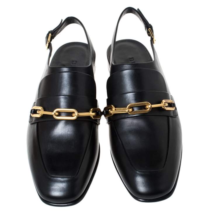 Pre Owned Burberry Black Leather Chel Town Chain Detail Slingback Loafer Sandals Size 38.5