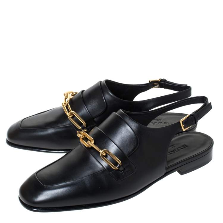 Pre Owned Burberry Black Leather Chel Town Chain Detail Slingback Loafer Sandals Size 38.5