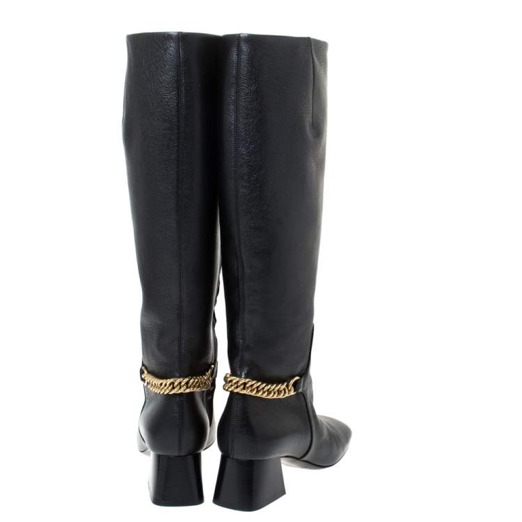 Pre Owned Burberry Black Leather Chain Embellished Knee High Boots Size 37