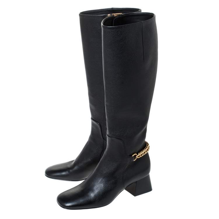 Pre Owned Burberry Black Leather Chain Embellished Knee High Boots Size 37