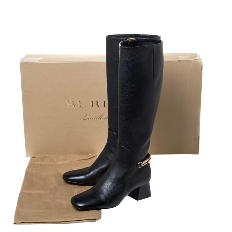 Pre Owned Burberry Black Leather Chain Embellished Knee High Boots Size 37