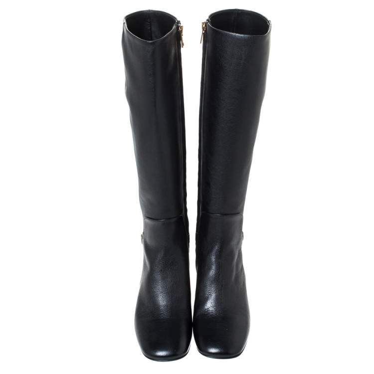 Pre Owned Burberry Black Leather Chain Embellished Knee High Boots Size 37