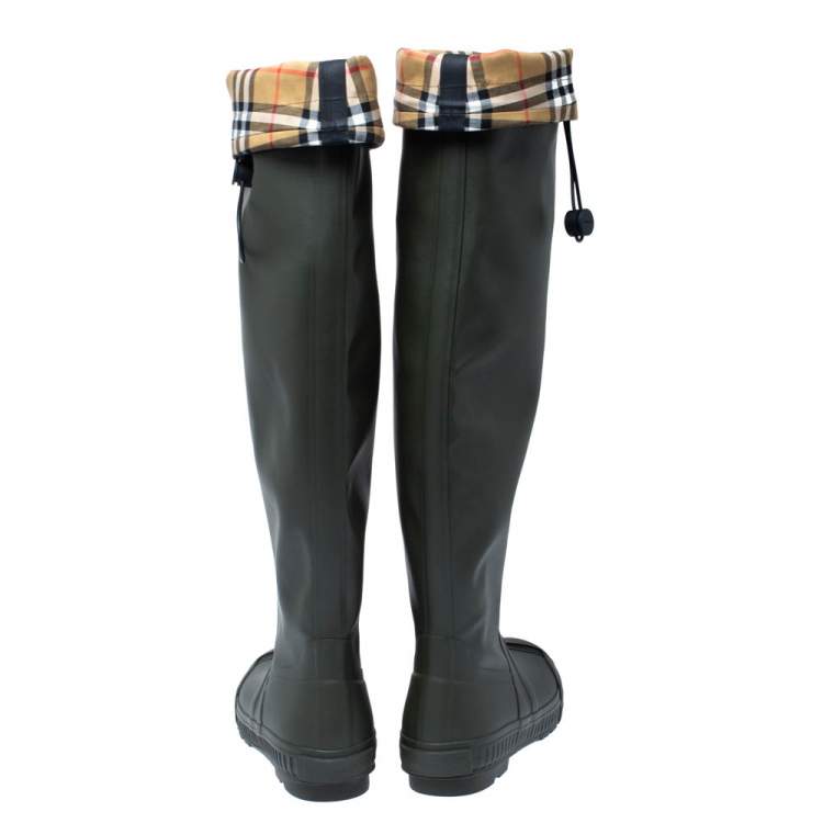 Pre Owned Burberry Military Green Rubber And Vintage Check Fabric Knee High  Rainboots Size 41