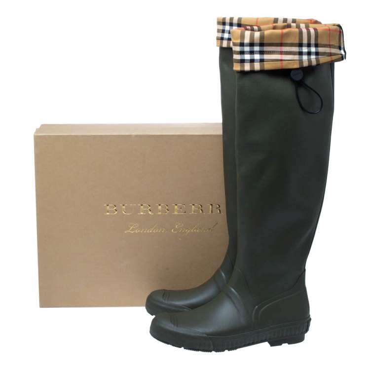 Pre Owned Burberry Military Green Rubber And Vintage Check Fabric Knee High  Rainboots Size 41