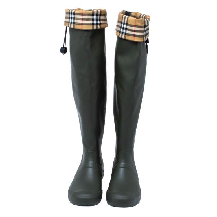 Pre Owned Burberry Military Green Rubber And Vintage Check Fabric Knee High  Rainboots Size 41