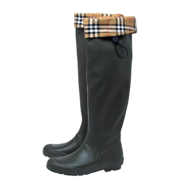 Pre Owned Burberry Military Green Rubber And Vintage Check Fabric Knee High  Rainboots Size 41