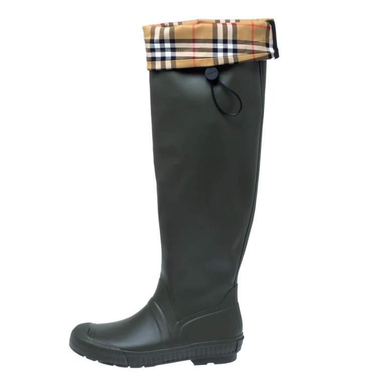 Burberry Military Green Rubber And Vintage Check Fabric Knee High Rainboots  Size 41 Burberry | TLC