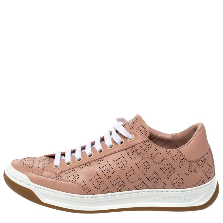 Pre Owned Burberry Pink Perforated Check Leather Westford Low Top Sneakers Size 38.5