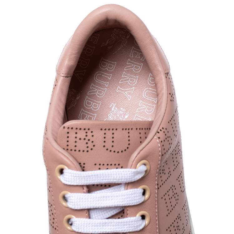 Pre Owned Burberry Pink Perforated Leather Timsbury Low Top Sneakers Size 38.5