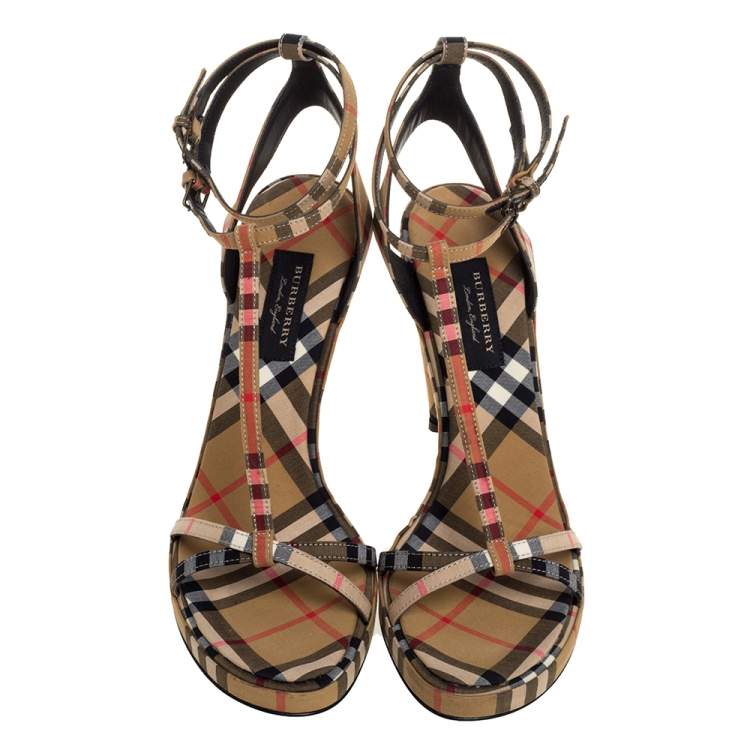 Pre Owned Burberry Beige Novacheck Fabric Hans T Strap Sandals Size 40