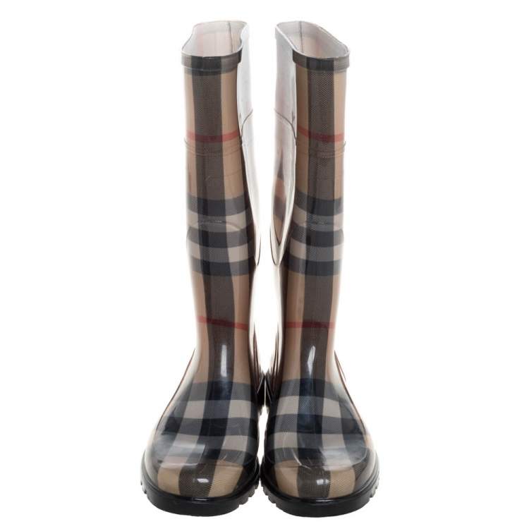 Pre Owned Burberry Brown Nova Check Rubber Rain Boots Size 37