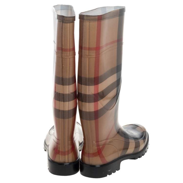 Pre Owned Burberry Brown Nova Check Rubber Rain Boots Size 37