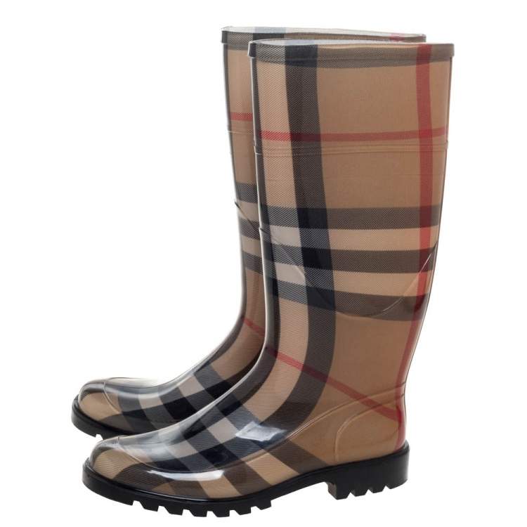 Pre Owned Burberry Brown Nova Check Rubber Rain Boots Size 37