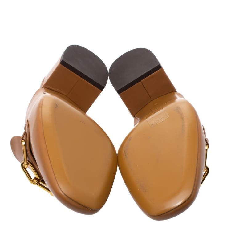 Pre Owned Burberry Camel Brown Leather Chill 45 Chain Detail Mules Size 39