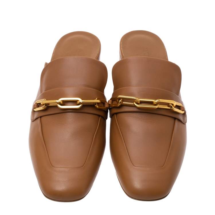 Pre Owned Burberry Camel Brown Leather Chill 45 Chain Detail Mules Size 39
