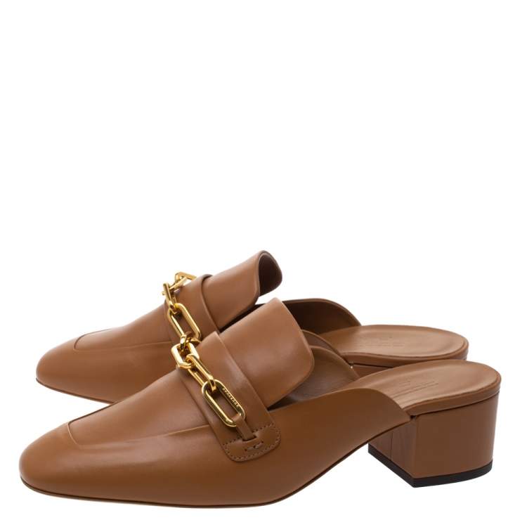 Pre Owned Burberry Camel Brown Leather Chill 45 Chain Detail Mules Size 39