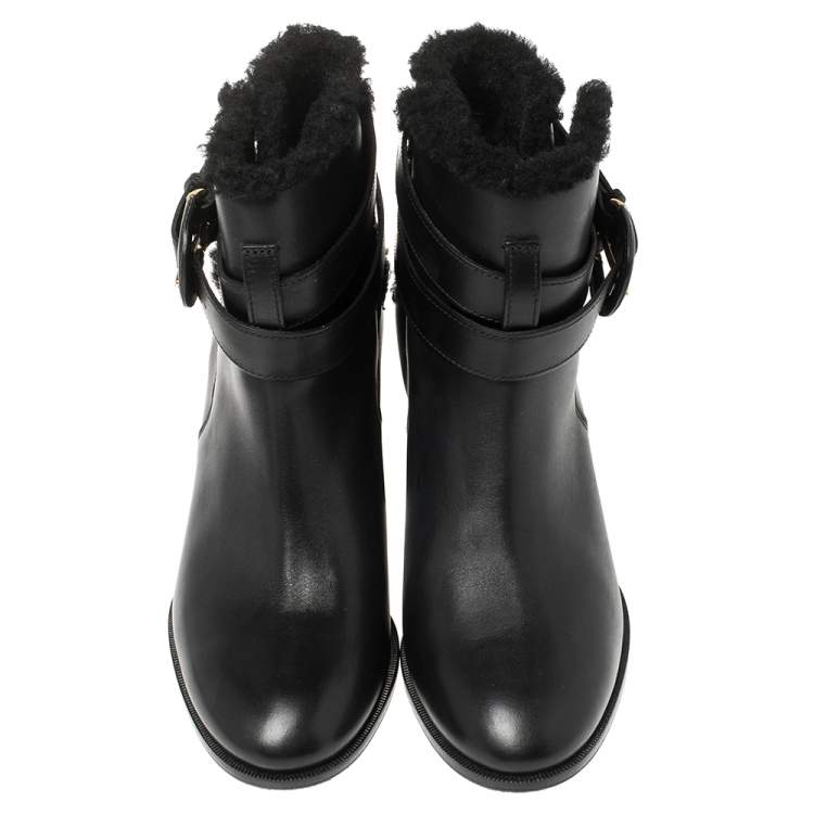 Pre Owned Burberry Black Leather Shearling Ankle Boots Size 36