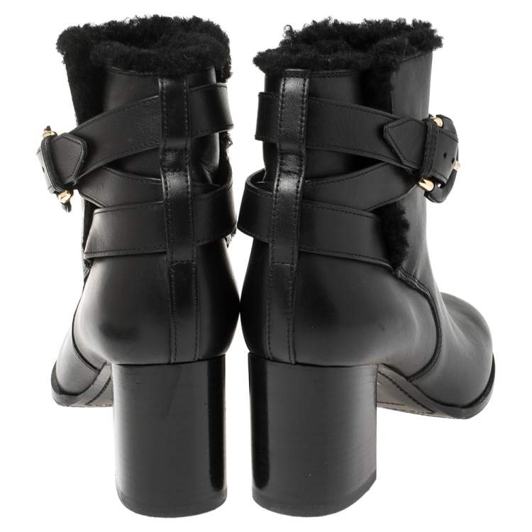 Pre Owned Burberry Black Leather Shearling Ankle Boots Size 36