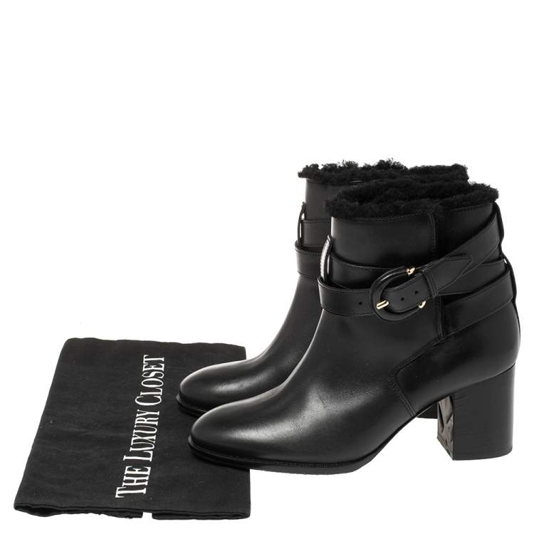 Pre Owned Burberry Black Leather Shearling Ankle Boots Size 36
