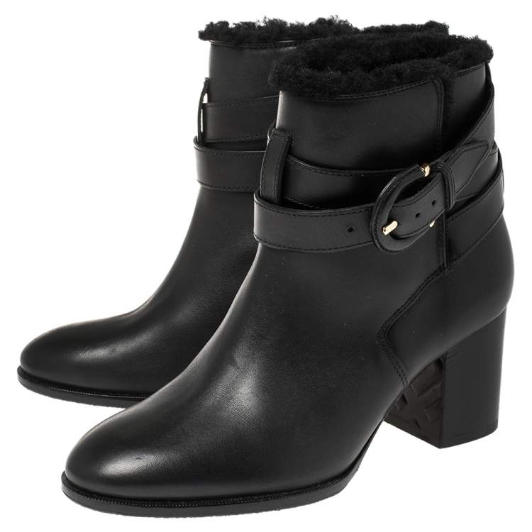 Pre Owned Burberry Black Leather Shearling Ankle Boots Size 36