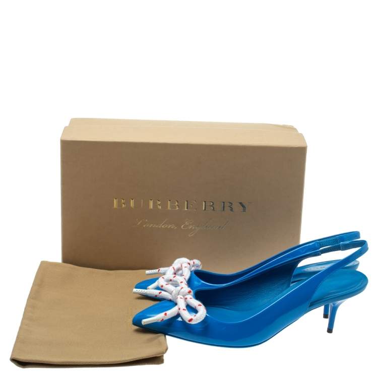 Pre Owned Burberry Blue Patent Leather Bow Fink Slingback Sandals Size 39.5