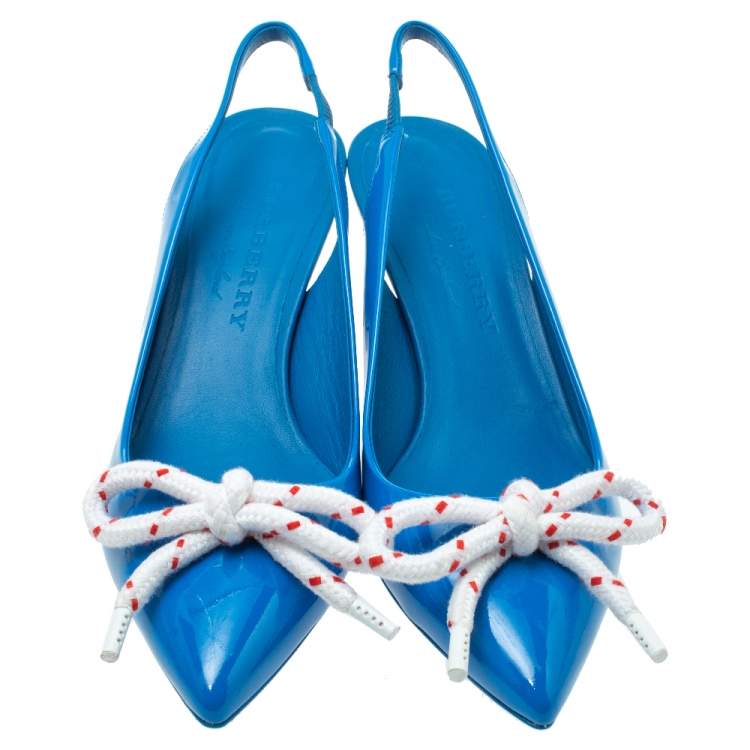 Pre Owned Burberry Blue Patent Leather Bow Fink Slingback Sandals Size 39.5