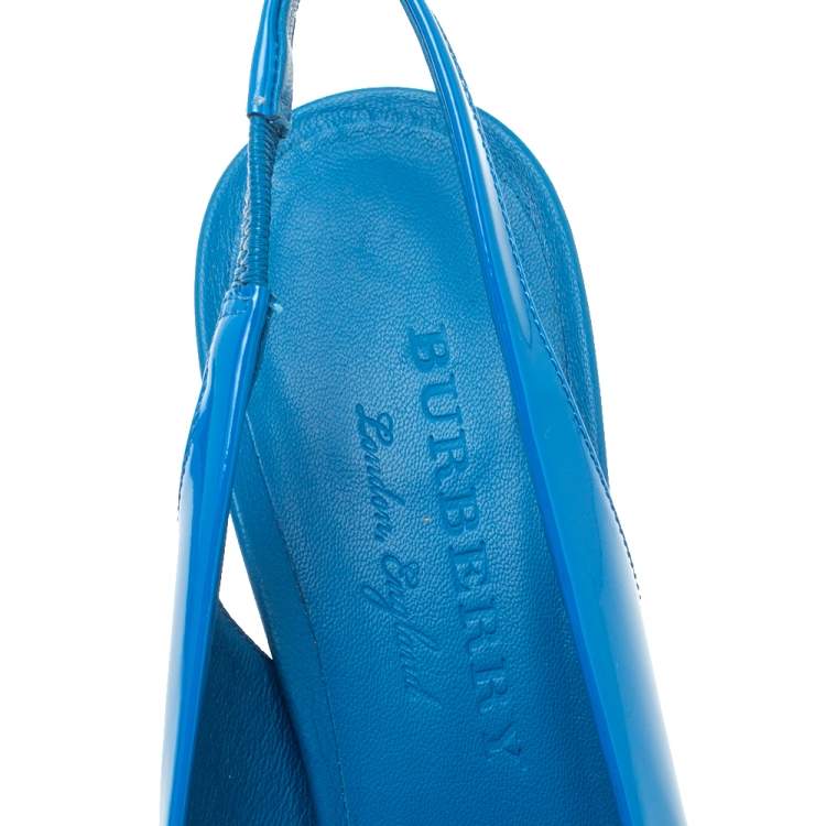Pre Owned Burberry Blue Patent Leather Bow Fink Slingback Sandals Size 39.5