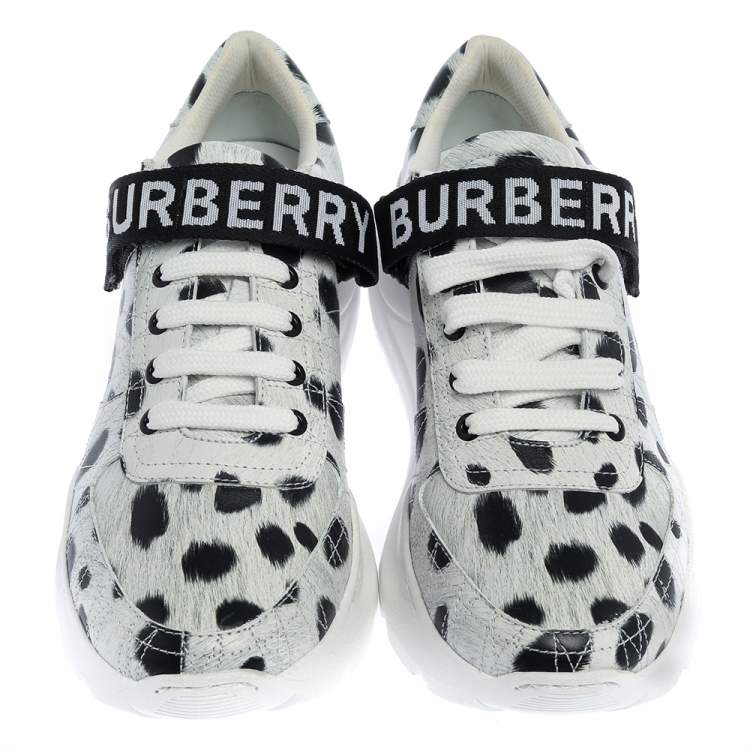 Pre Owned Burberry White/Black Cheetah Print Leather Ronnie Sneakers Size 40