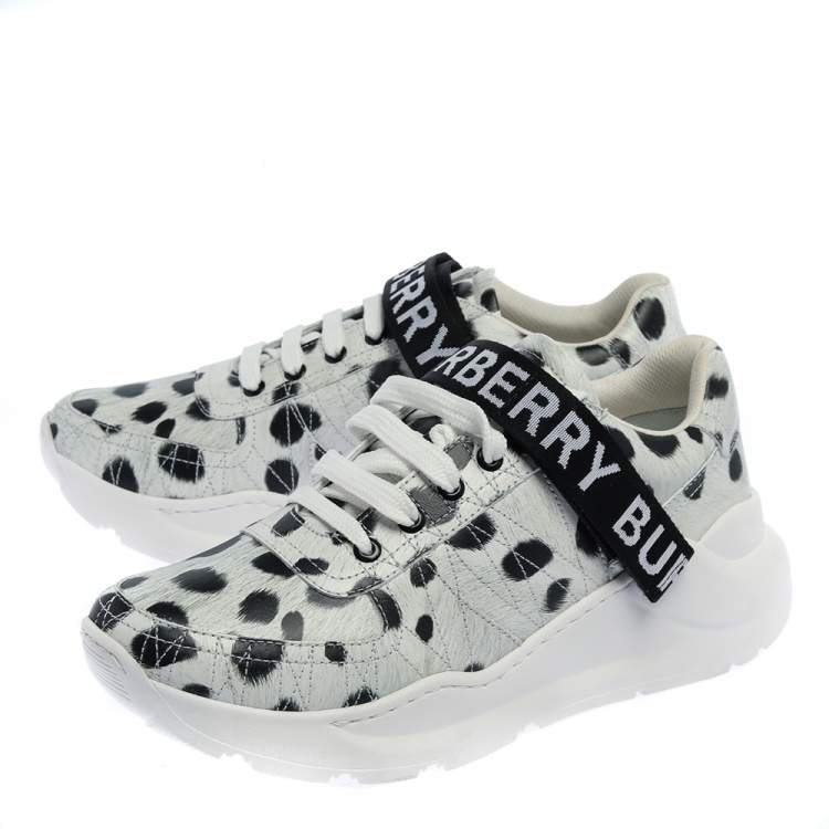 Pre Owned Burberry White/Black Cheetah Print Leather Ronnie Sneakers Size 40