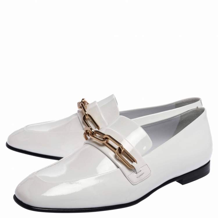 Pre Owned Burberry White Patent Leather Chain Link Loafers Size 39.5