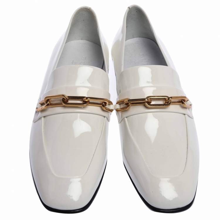 Pre Owned Burberry White Patent Leather Chain Link Loafers Size 37