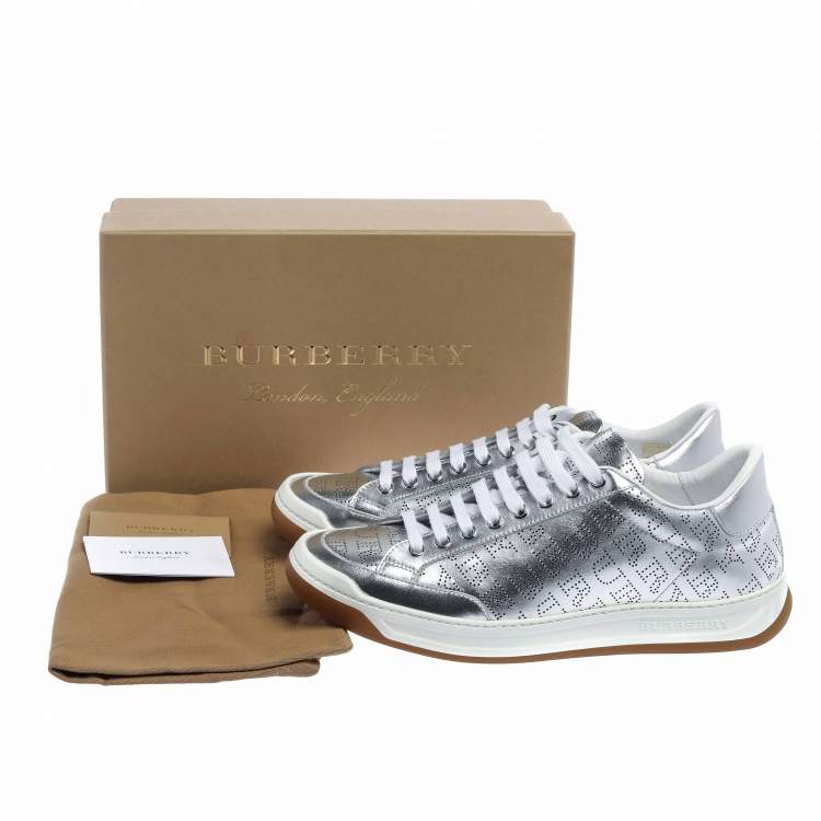 Pre Owned Burberry Silver Perforated Leather Timsbury Low Top Sneakers Size 41