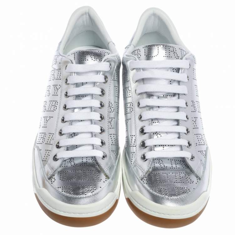 Pre Owned Burberry Silver Perforated Leather Timsbury Low Top Sneakers Size 41