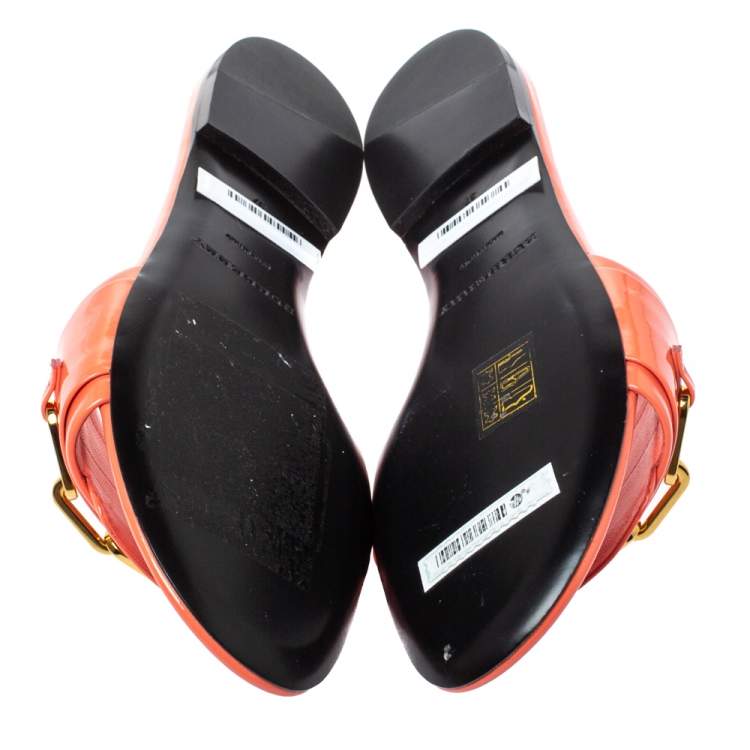 Pre Owned Burberry Coral Orange Patent Leather Coleford Flat Slides Size 37