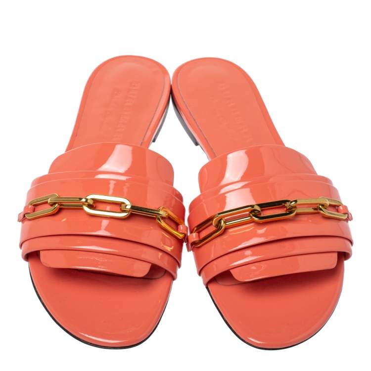 Pre Owned Burberry Coral Orange Patent Leather Coleford Flat Slides Size 37
